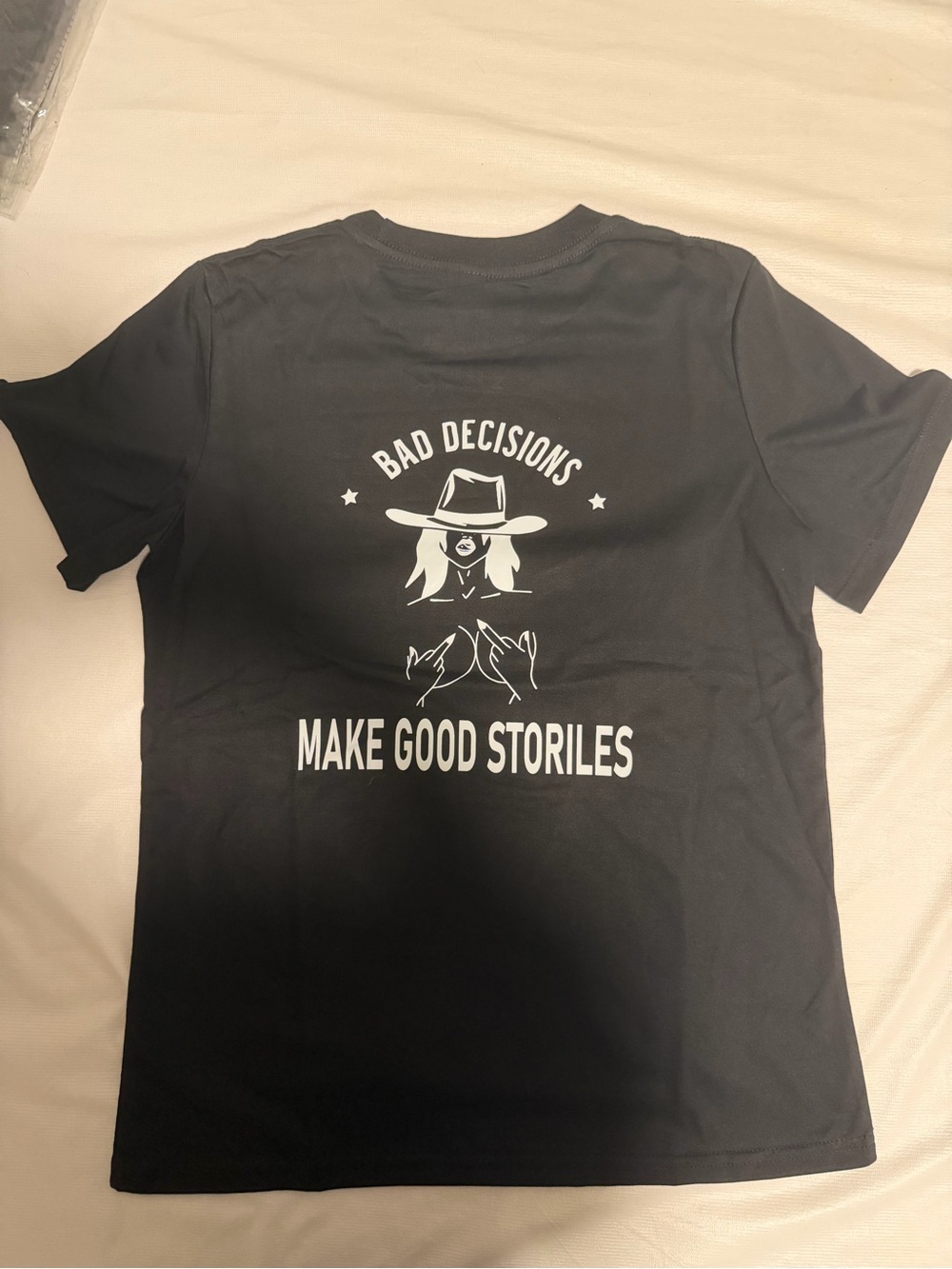 Bad Decisions Make Good Stories Graphic Tee - Black w/ misspelling